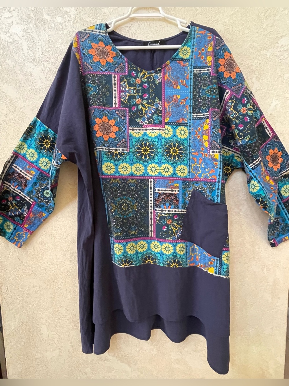 O-Nelue Plus Size Boho Navy Blue & Patchwork 100% Cotton Tunic Dress, Size 4XL
